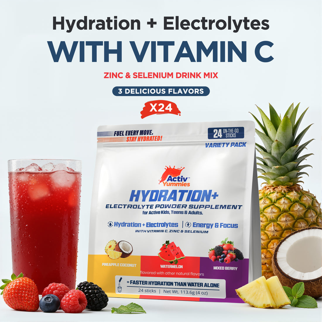 HYDRATION + ELECTROLYTE POWDER SUPPLEMENT FOR ACTIVE KIDS, TEENS & ADULTS WITH VITAMIN C, ZINC & SELENIUM