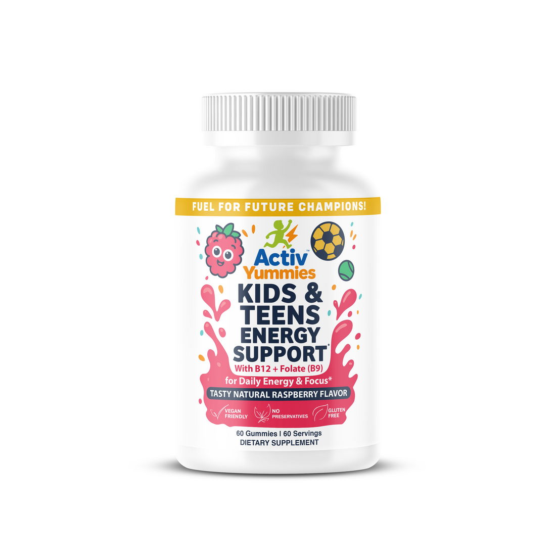 KIDS & TEENS ENERGY SUPPORT WITH B12 + FOLATE (B9) |FOR DAILY ENERGY & FOCUS* TASTY NATURAL RASPBERRY FLAVOR